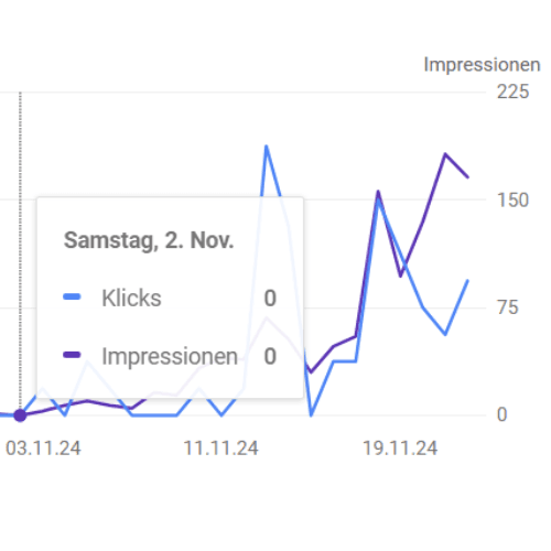 SEO in Baden-Baden. Screenshot der Daten aus der Google Search Console, der die niedrige Sichtbarkeit der neuen Website in den Suchergebnissen bestätigt. Das Fehlen von Traffic zeigt deutlich, dass eine SEO-Optimierung erforderlich ist.