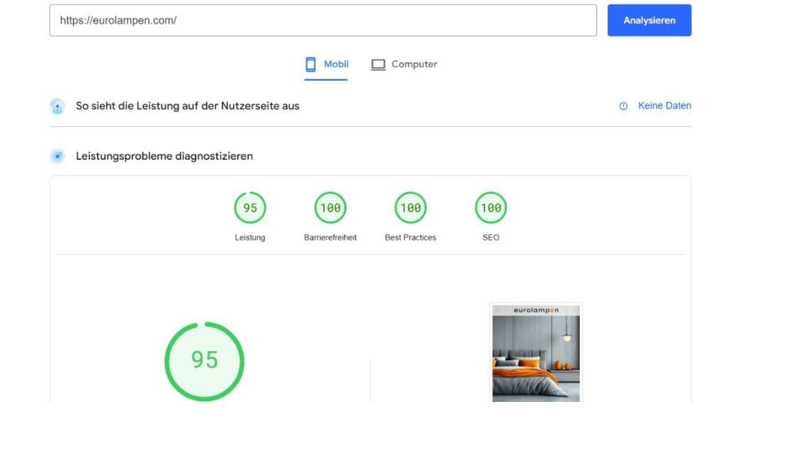 SEO Baden-Baden. SEO-Bericht für eurolampen.com: Nach der Implementierung von SEO-Maßnahmen zeigt die Website hervorragende Ergebnisse in Bezug auf Ladegeschwindigkeit, Barrierefreiheit und Best Practices.