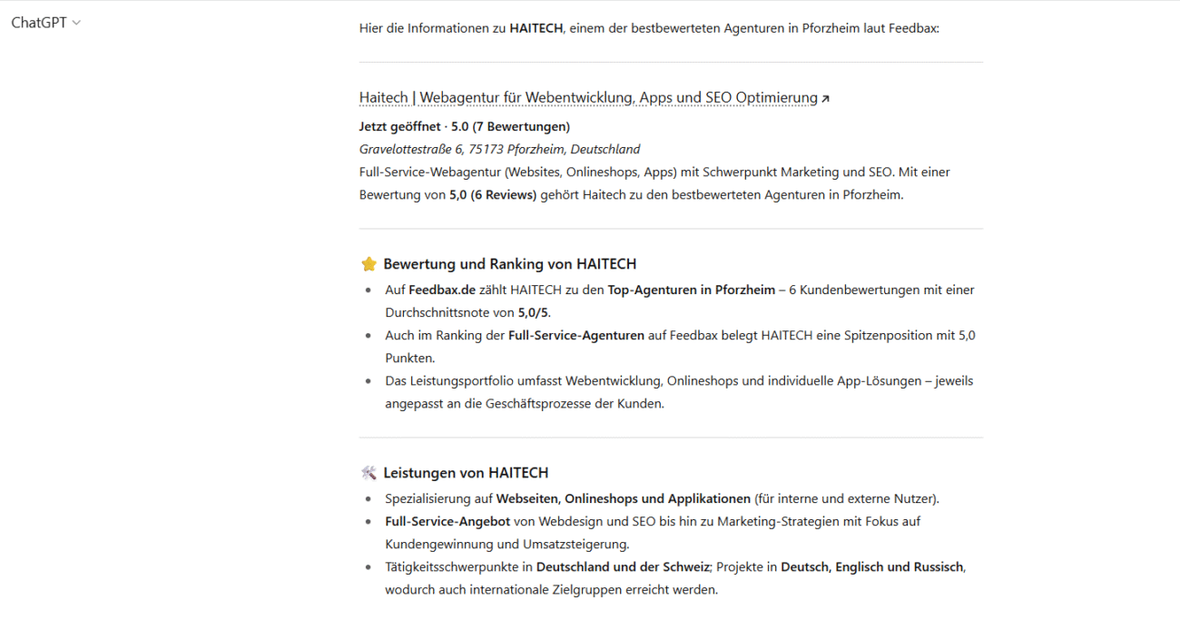 Screenshot einer Website-Optimierung zur Anzeige in ChatGPT-Antworten