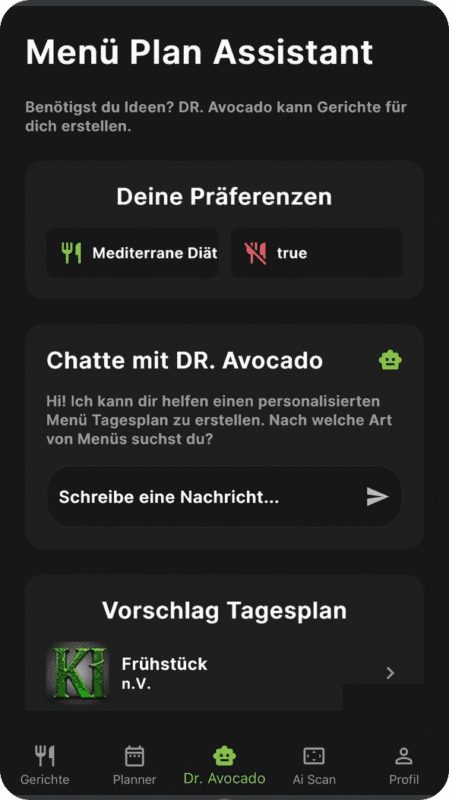 Screenshot des Hauptbildschirms der App "Dr. Avocado", auf dem Benutzer ihre Präferenzen festlegen und mit dem AI-Assistenten chatten können, um Essenspläne zu erstellen.