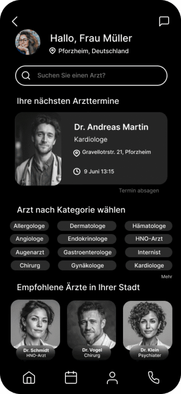 Eine App-Ansicht für die Suche und Verwaltung von Arztterminen. Es ist ein bevorstehender Termin bei Dr. Andreas Martin aufgelistet und eine Suchfunktion für Ärzte nach Fachgebiet.