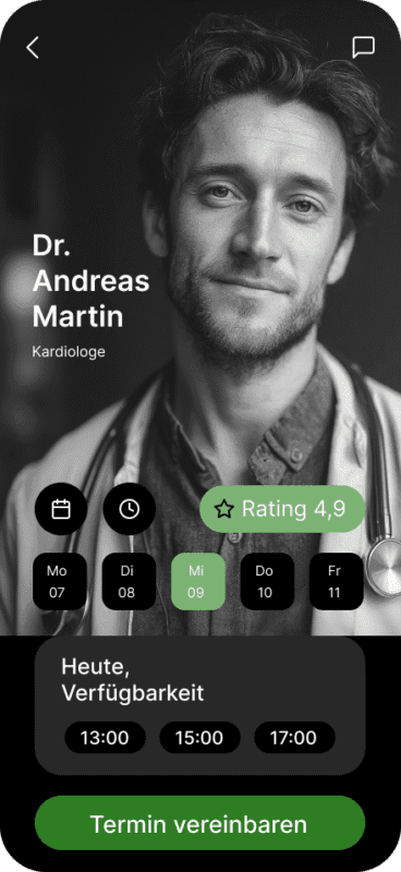 Eine App-Ansicht zur Terminbuchung bei einem Kardiologen namens Dr. Andreas Martin, mit einem Schwarz-Weiß-Porträt des Arztes und einer Bewertungsanzeige.