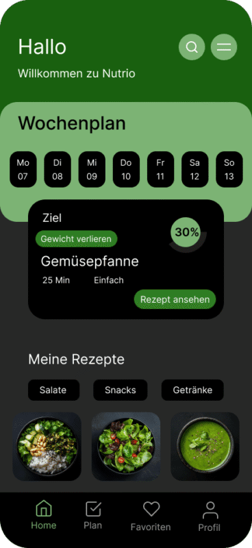 Eine App-Ansicht für die Essensplanung. Sie zeigt einen Wochenplan, ein Tagesziel zum Abnehmen mit einem Rezept für eine Gemüsepfanne und eine Galerie mit eigenen Rezepten.