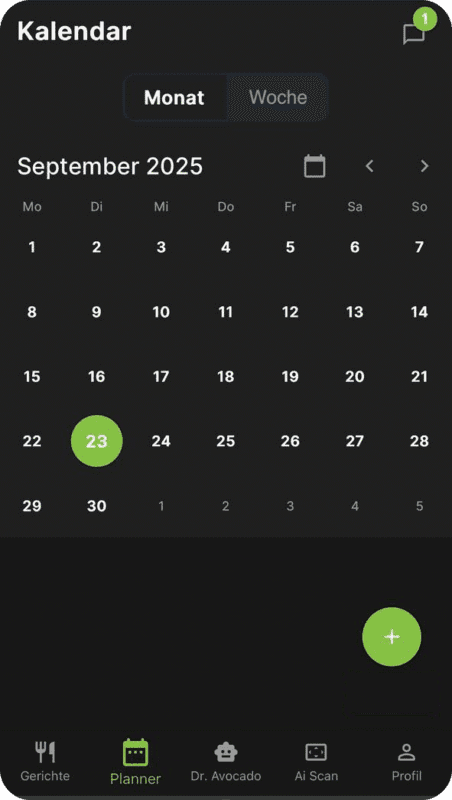 Screenshot der Kalenderfunktion der App, die den Monat September 2025 zeigt, wobei der 23. als aktuell ausgewählter Tag hervorgehoben ist.

