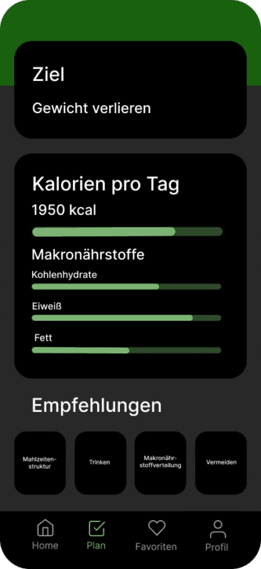 Eine App-Ansicht, die das Kalorienziel und die Verteilung der Makronährstoffe (Kohlenhydrate, Eiweiß, Fett) anzeigt. Man sieht auch Empfehlungen für Mahlzeiten, Getränke und andere Kategorien.