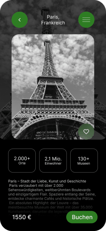 Eine App-Ansicht für einen Reiseführer für Paris, Frankreich, mit einer zentralen Schwarz-Weiß-Ansicht des Eiffelturms. Unten werden Statistiken über die Stadt und ein Buchungspreis angezeigt.