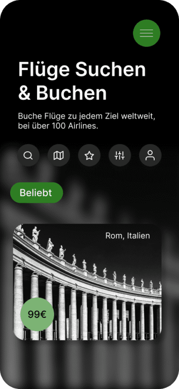Eine App-Ansicht für die Buchung von Flügen und Reisen, mit einem Schwarz-Weiß-Foto von Rom im Hintergrund und einem grünen Button für den Preis.