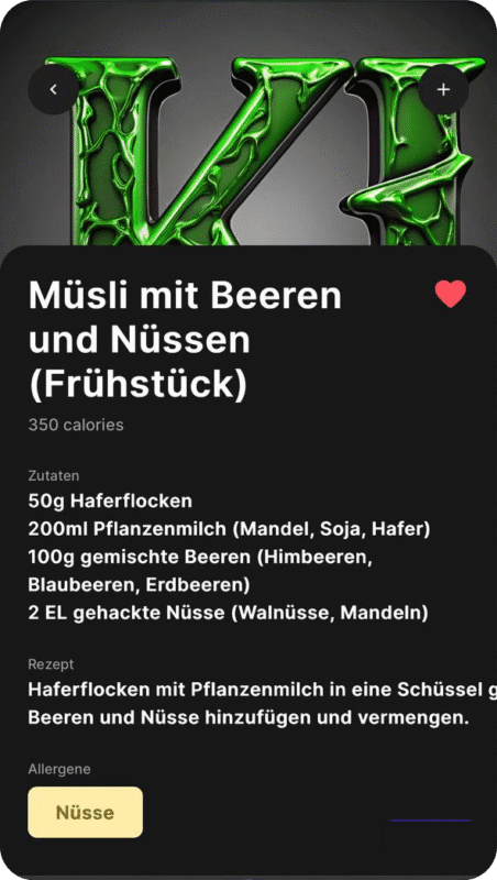 Screenshot des Rezepts für "Müsli mit Beeren und Nüssen" mit 350 Kalorien, Zutatenliste und Zubereitungsanweisungen. Allergene (Nüsse) sind ebenfalls hervorgehoben.