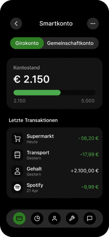 Eine Finanz-App-Ansicht, die den Kontostand anzeigt. Darunter sieht man eine Liste der letzten Transaktionen, wie zum Beispiel Einkäufe im Supermarkt und Gehaltseingänge.