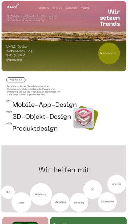 alt="Headerbild einer Digitalagentur mit Landschaft in Rosa und Grün, Text: UX/UI-Design, Webentwicklung, SEO & SMM, Marketing