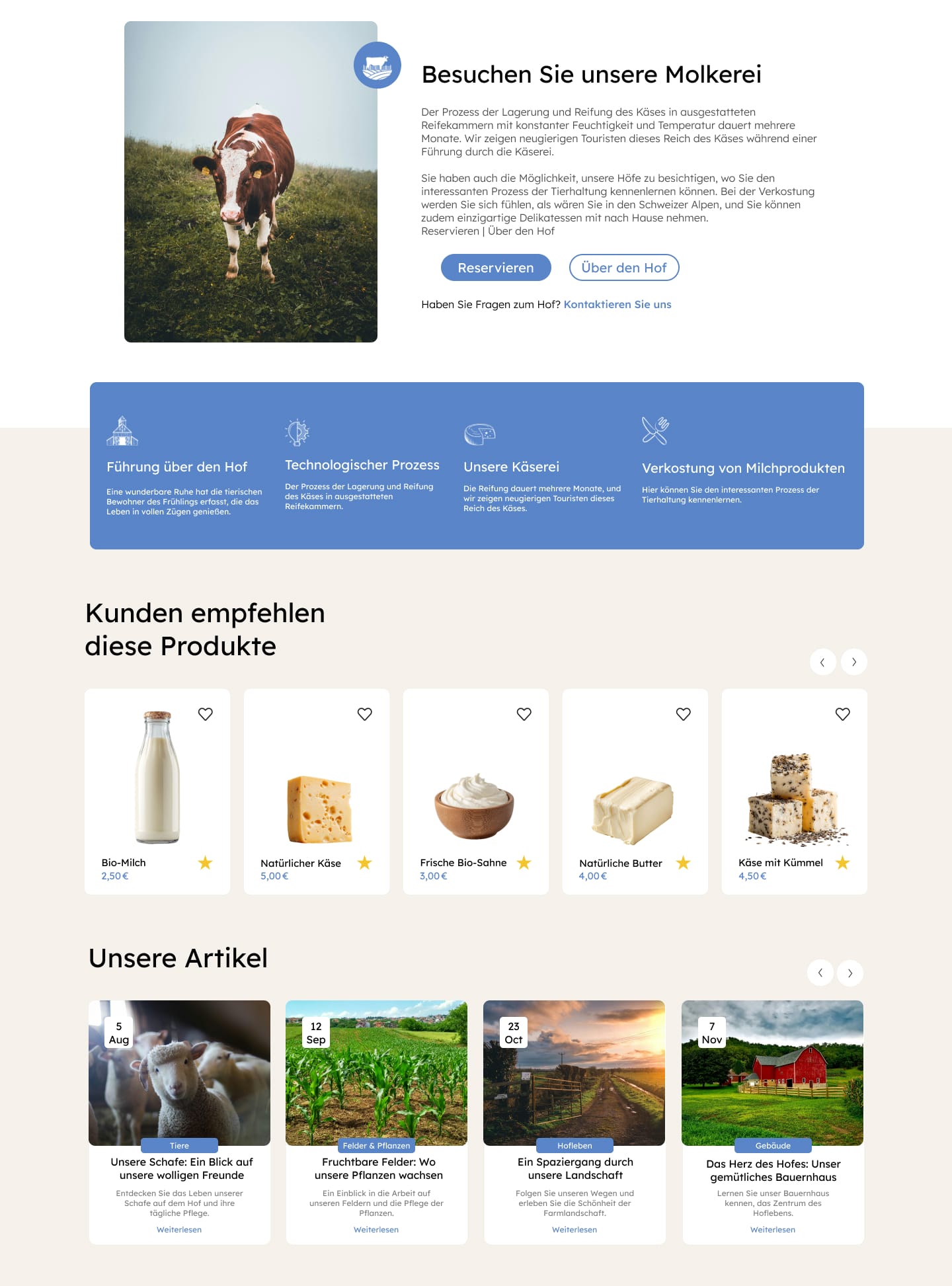 Screenshot des mittleren und unteren Bereichs der Homepage eines Bio-Bauernhof-Onlineshops. Präsentiert Informationen zur Molkerei, Kundenempfehlungen und aktuelle Blog-Artikel