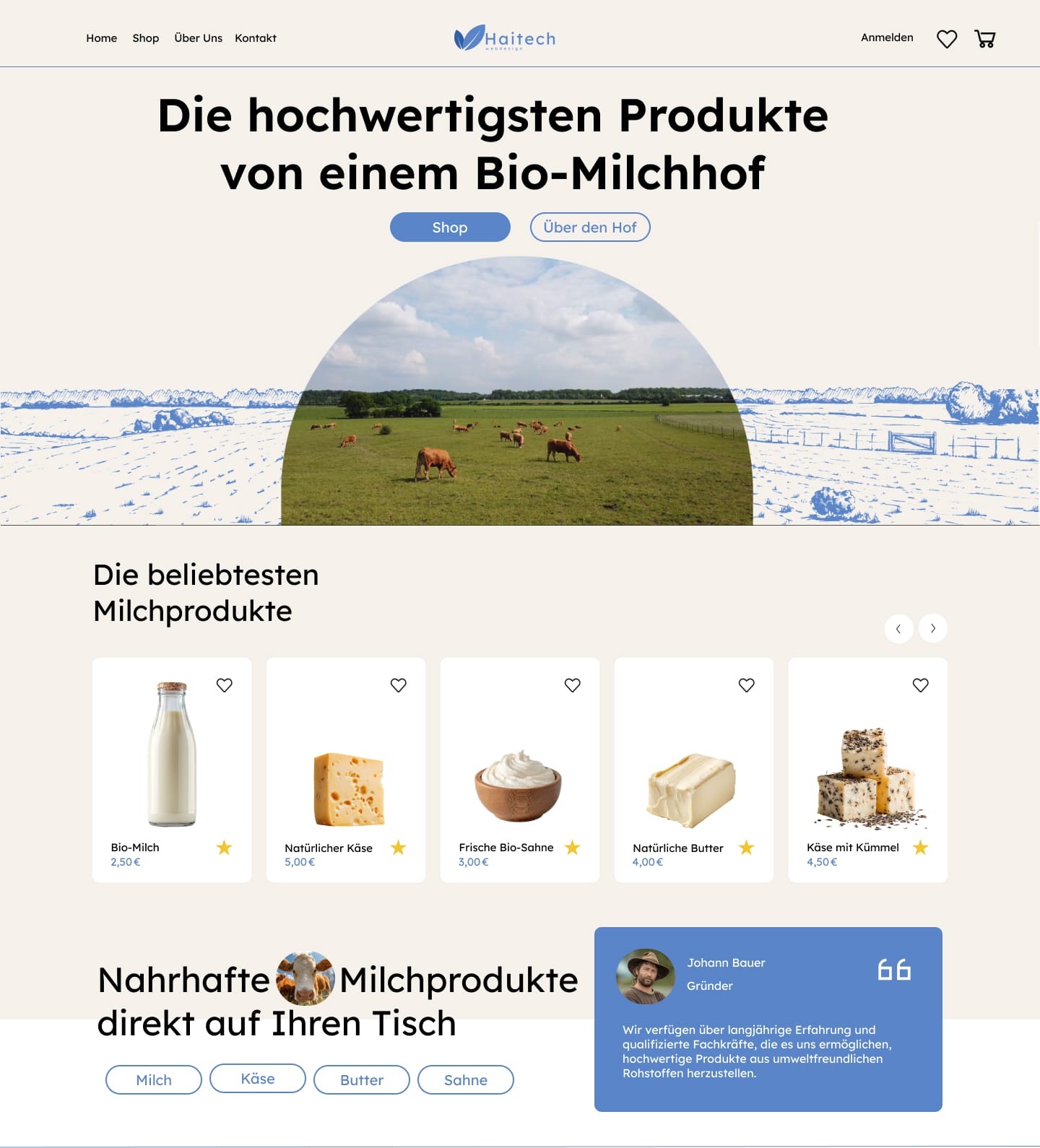 Screenshot des oberen Bereichs der Homepage eines Bio-Bauernhof-Onlineshops. Zeigt das minimalistische Design, Top-Produkte und den Hero-Banner mit Kühen auf der Weide