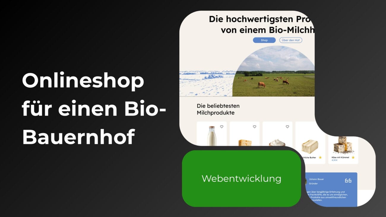 Titelbild für das Webdesign-Portfolio eines Bio-Bauernhofs. Zeigt grasende Kühe auf einer grünen Weide unter blauem Himmel, symbolisch für Natürlichkeit und Frische