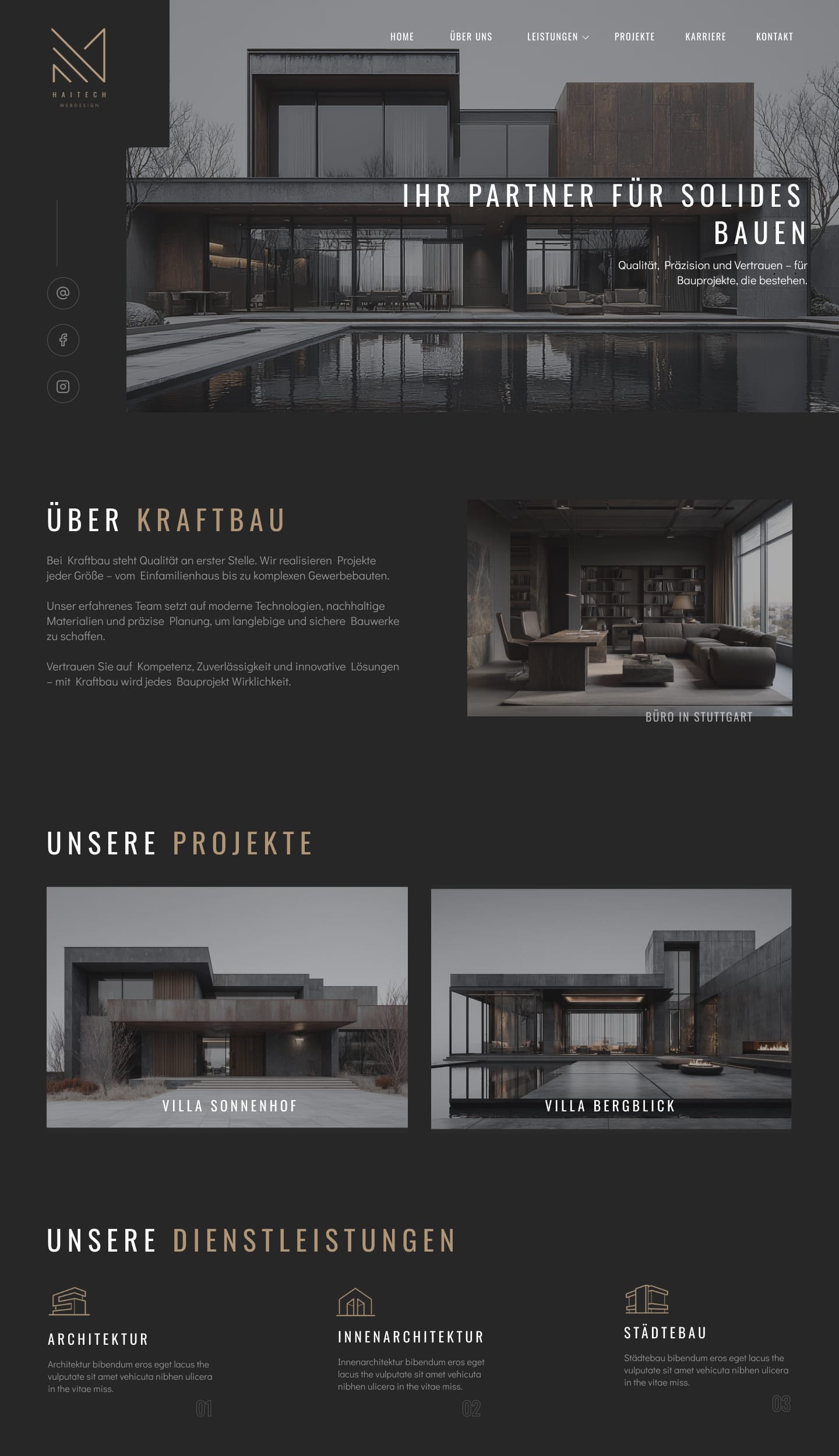 Der Screenshot zeigt das Webdesign der Startseite für ein exklusives Bauunternehmen. Das luxuriöse und moderne Design präsentiert Referenzprojekte, Dienstleistungen und aktuelle Nachrichten.