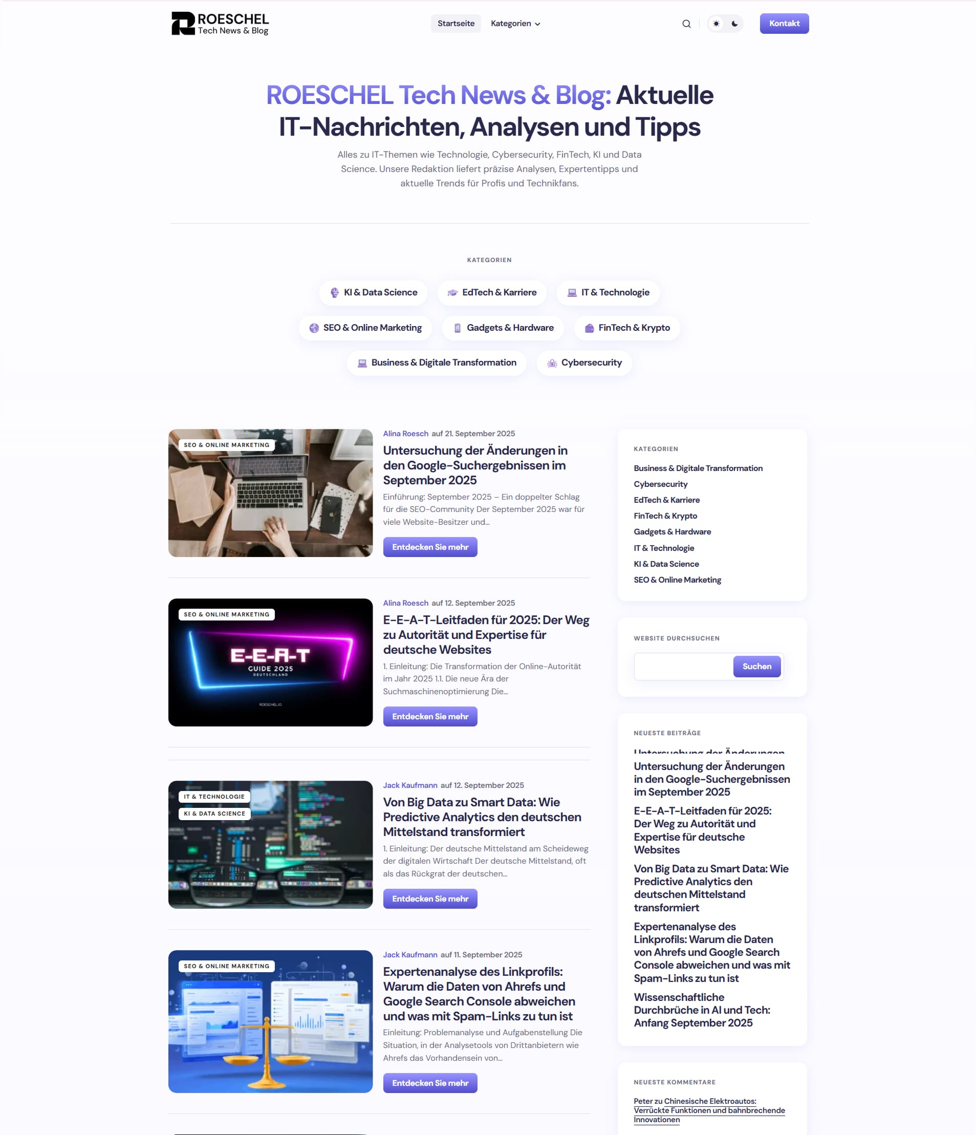 Helle Version des Webdesigns für ein Nachrichtenportal mit minimalistischer Oberfläche, Kategorien und Artikeln. Optimiert für SEO und Benutzerfreundlichkeit