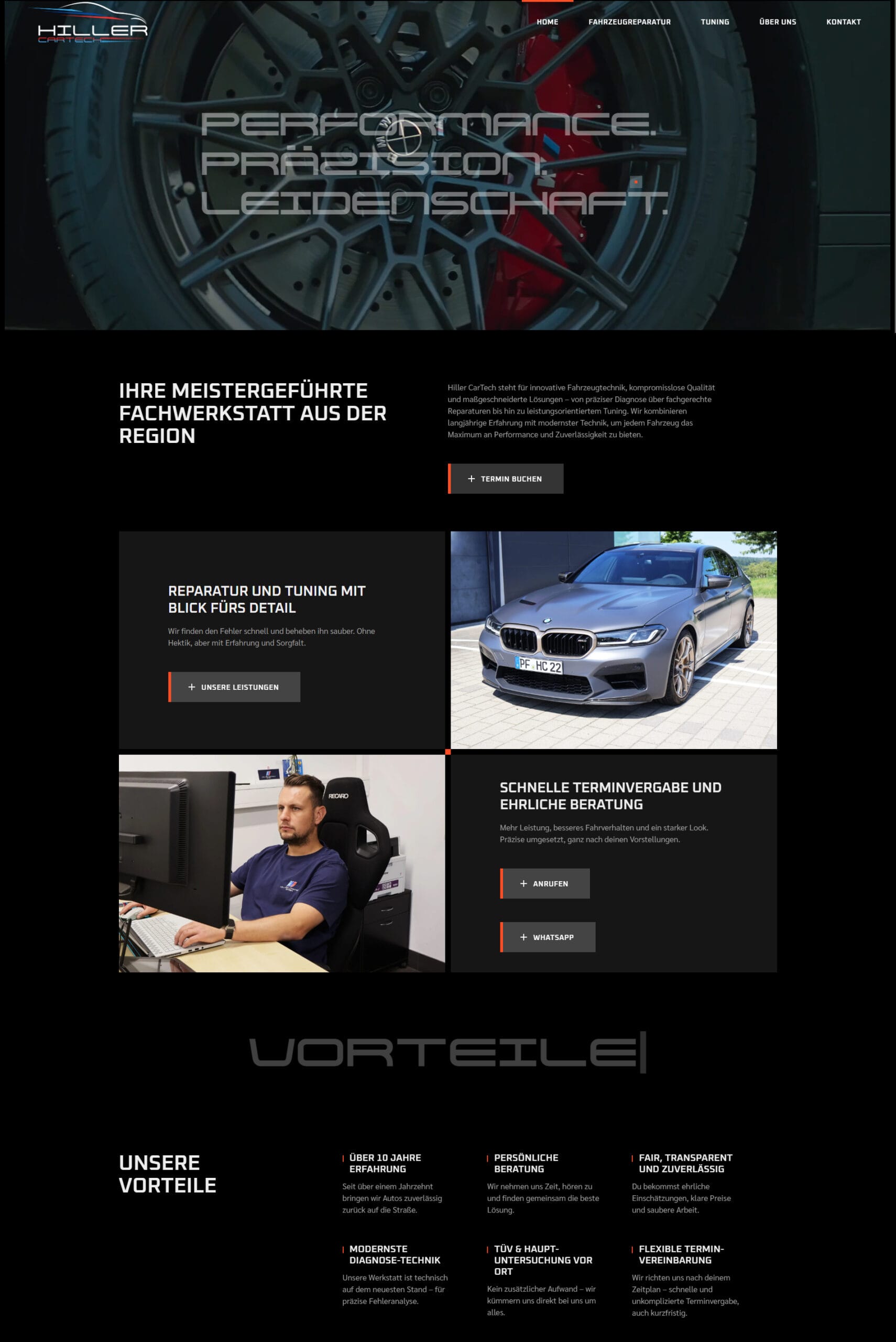 Webdesign-Konzept für eine Autotuning-Website mit Fokus auf Wartung, Leistungen und Kundenrezensionen. Ein Bild von der Startseite