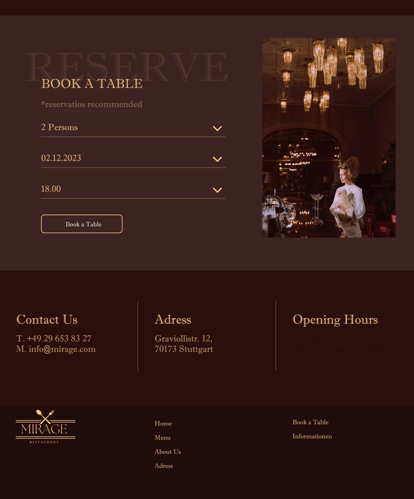 Screenshot des unteren Bereichs der Website, der die Online-Tischreservierung und Kontaktinformationen für ein Luxus-Restaurant darstellt. Das Layout ist einfach und funktional