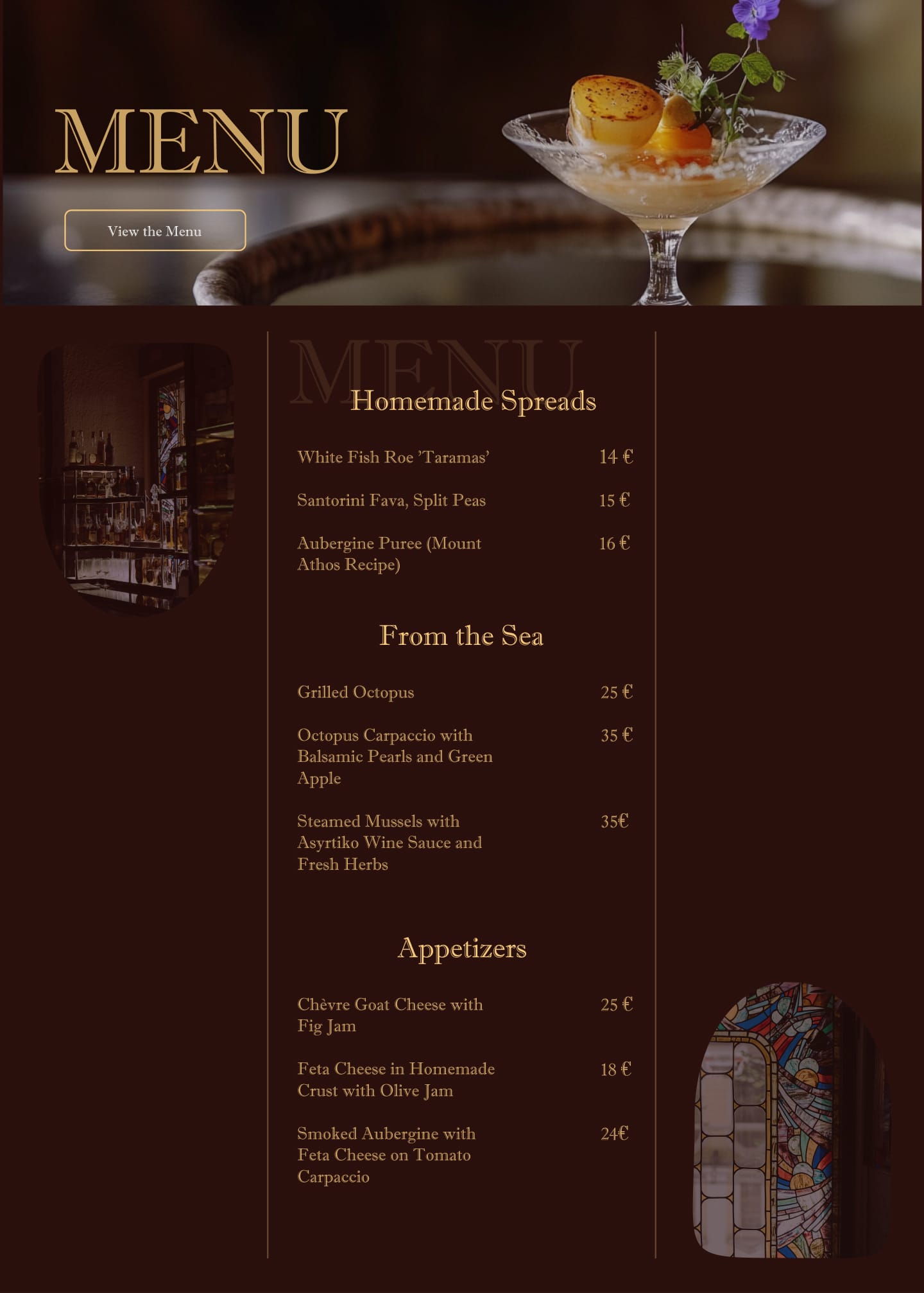 Ansicht der Online-Speisekarte für ein exklusives Restaurant. Das minimalistische Design zeigt die Gerichtskategorien und Preise in einem eleganten und leicht lesbaren Format