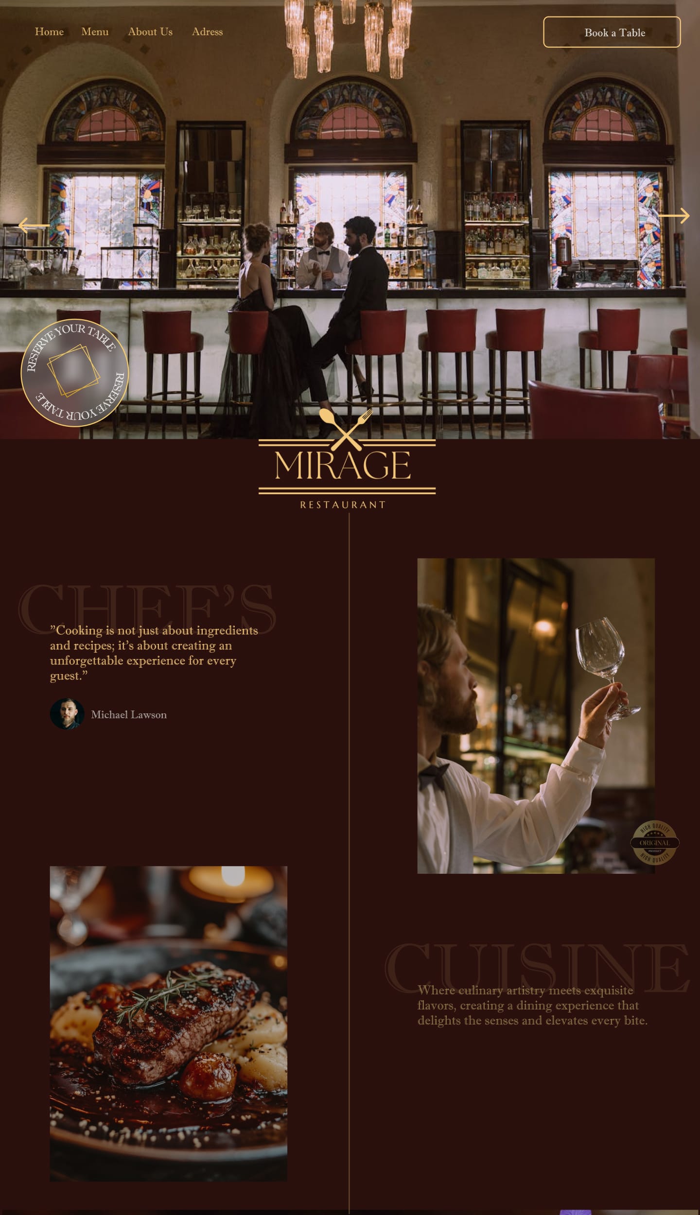 Screenshot des oberen Bereichs der Website eines Luxus-Restaurants. Das Design präsentiert eine hochwertige Optik, Informationen über den Küchenchef und Einblicke in die Kochkunst.