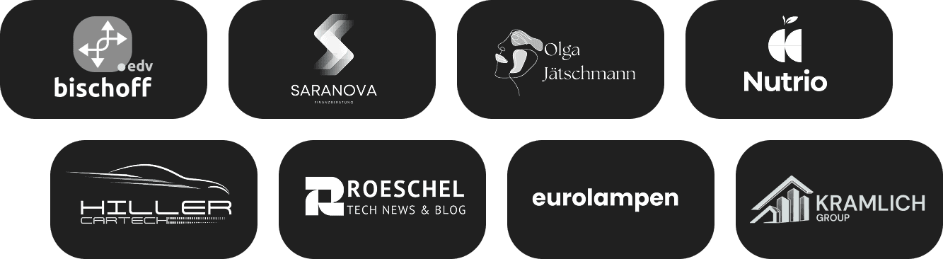 Logos von Kunden der Webagentur: edv bischoff, Saranova, Olga Jätschmann, Nutrio, Hiller Cartech, Roeschel Tech News & Blog, eurolampen, Kramlich Group