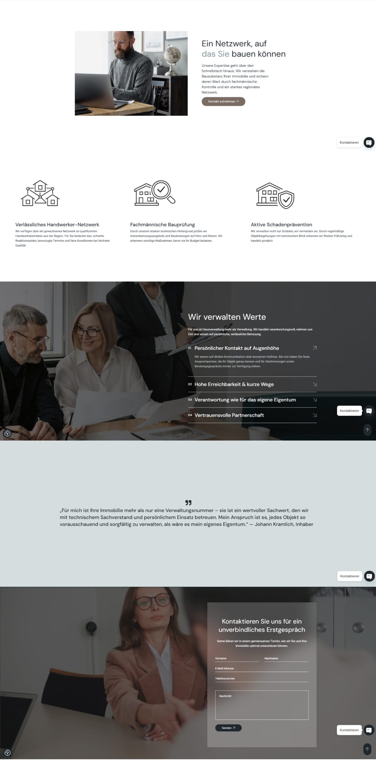 Webdesign der Kramlich Group – unterer Bereich der Startseite mit Leistungen, Informationen und Kontaktsektion