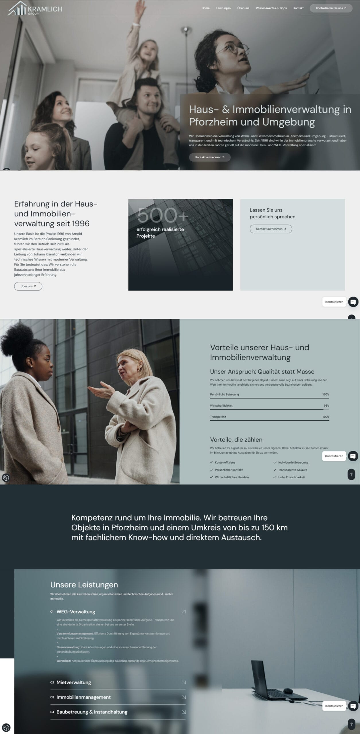 Design der Startseite der Kramlich Group – moderne Immobilienverwaltung in Pforzheim, oberer Bereich mit Header und Hero-Sektion