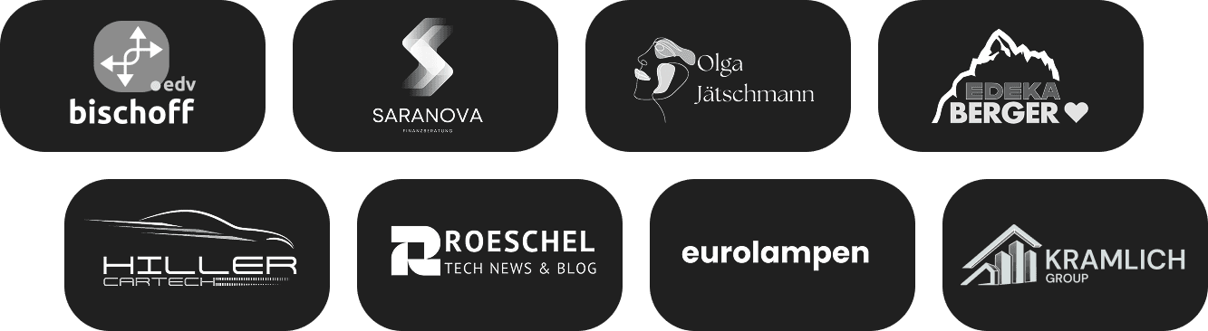 Logo Kunden Haitech: Bischoff EDV, Hiller CarTech, Edeka Berger, SARANOVA, Kramlich Group