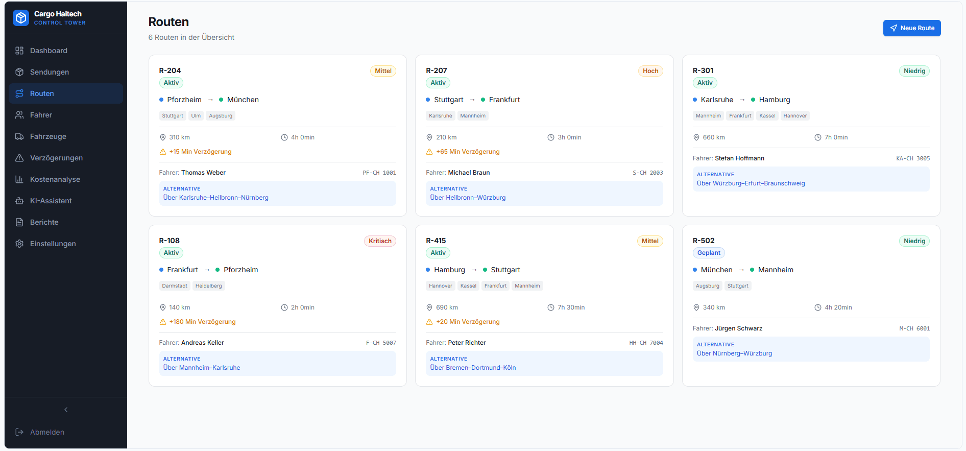 Routenplanung und Transportsteuerung in der Logistik Management Software Cargo Haitech mit Verzögerungsanalyse und Alternativrouten